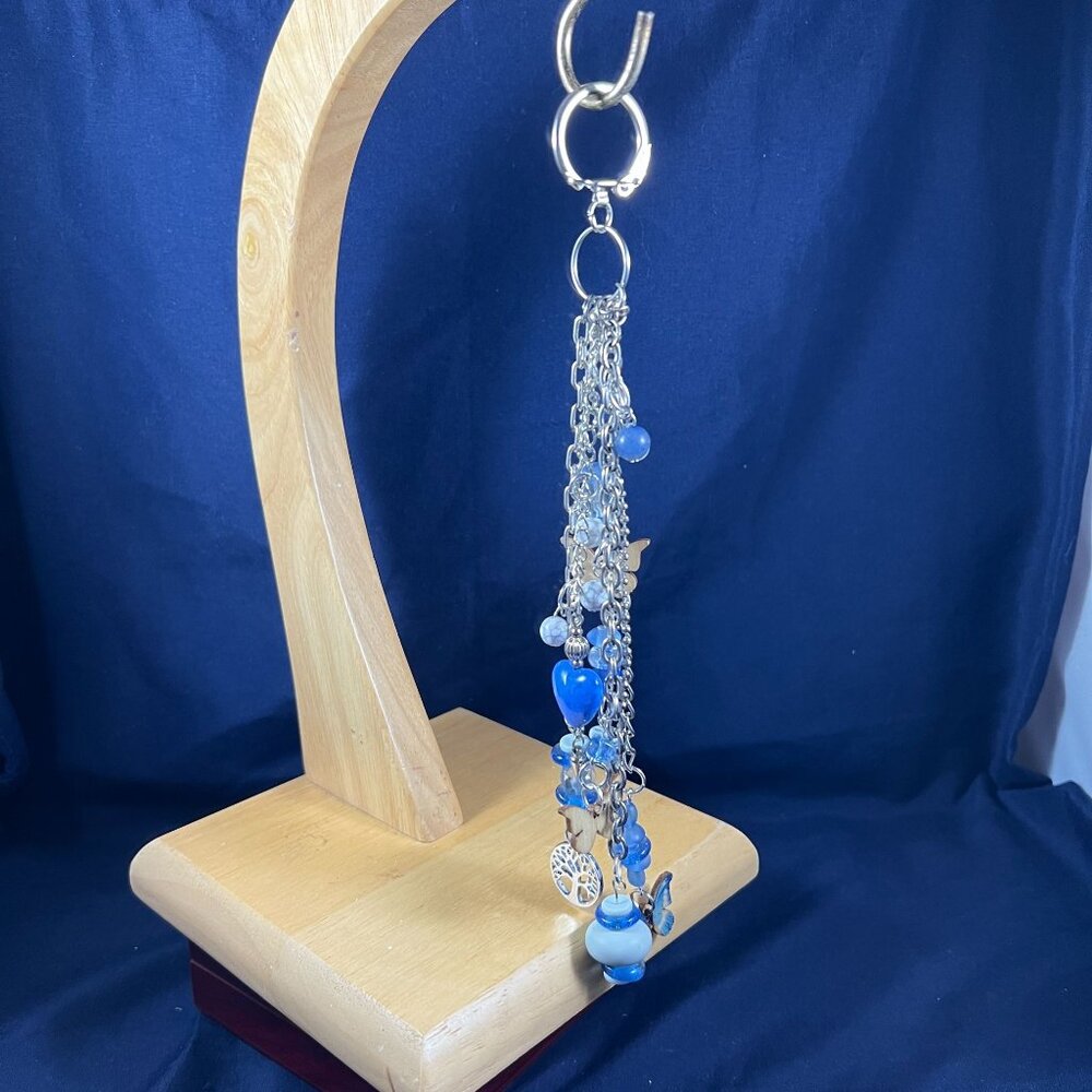 Blue & Silver Artisan Bag Charm With Butterflies & Glass Beads Unique Handmade A - Picture 2 of 2